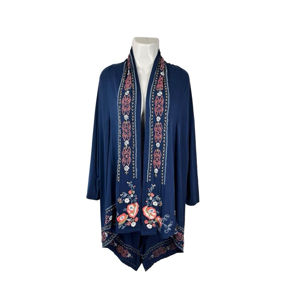 Caite Floral Embroidered  Duster Open Cardigan Sz Large Navy Blue Boho Festival